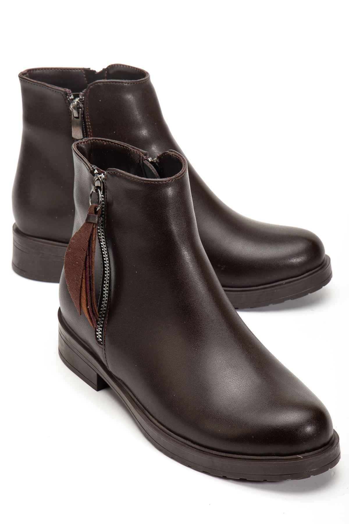 Ayakkabı Aşkı 165-205 Kahve Yaprak Desenli Fermuarlı Günlük Kadın Bot - Kopya