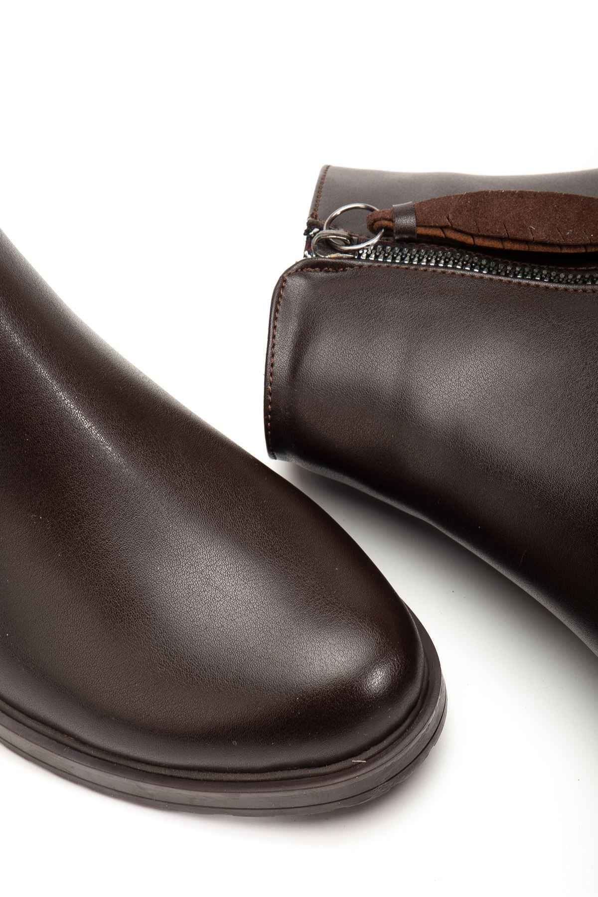 Ayakkabı Aşkı 165-205 Kahve Yaprak Desenli Fermuarlı Günlük Kadın Bot - Kopya