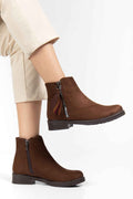 Ayakkabı Aşkı 165-205 Kahve Süet  Yaprak Desenli Fermuarlı Günlük Kadın Bot