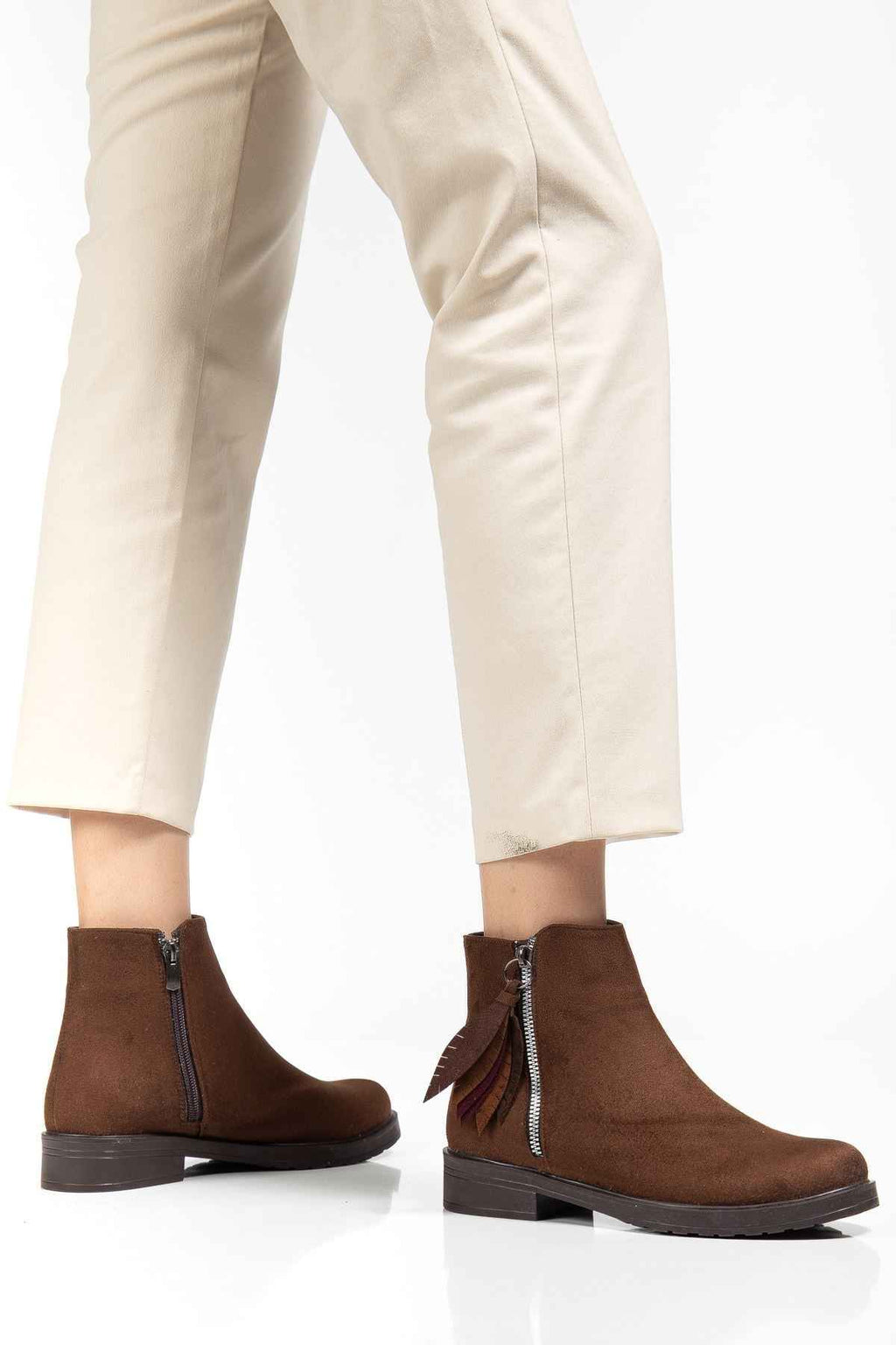 Ayakkabı Aşkı 165-205 Kahve Süet  Yaprak Desenli Fermuarlı Günlük Kadın Bot