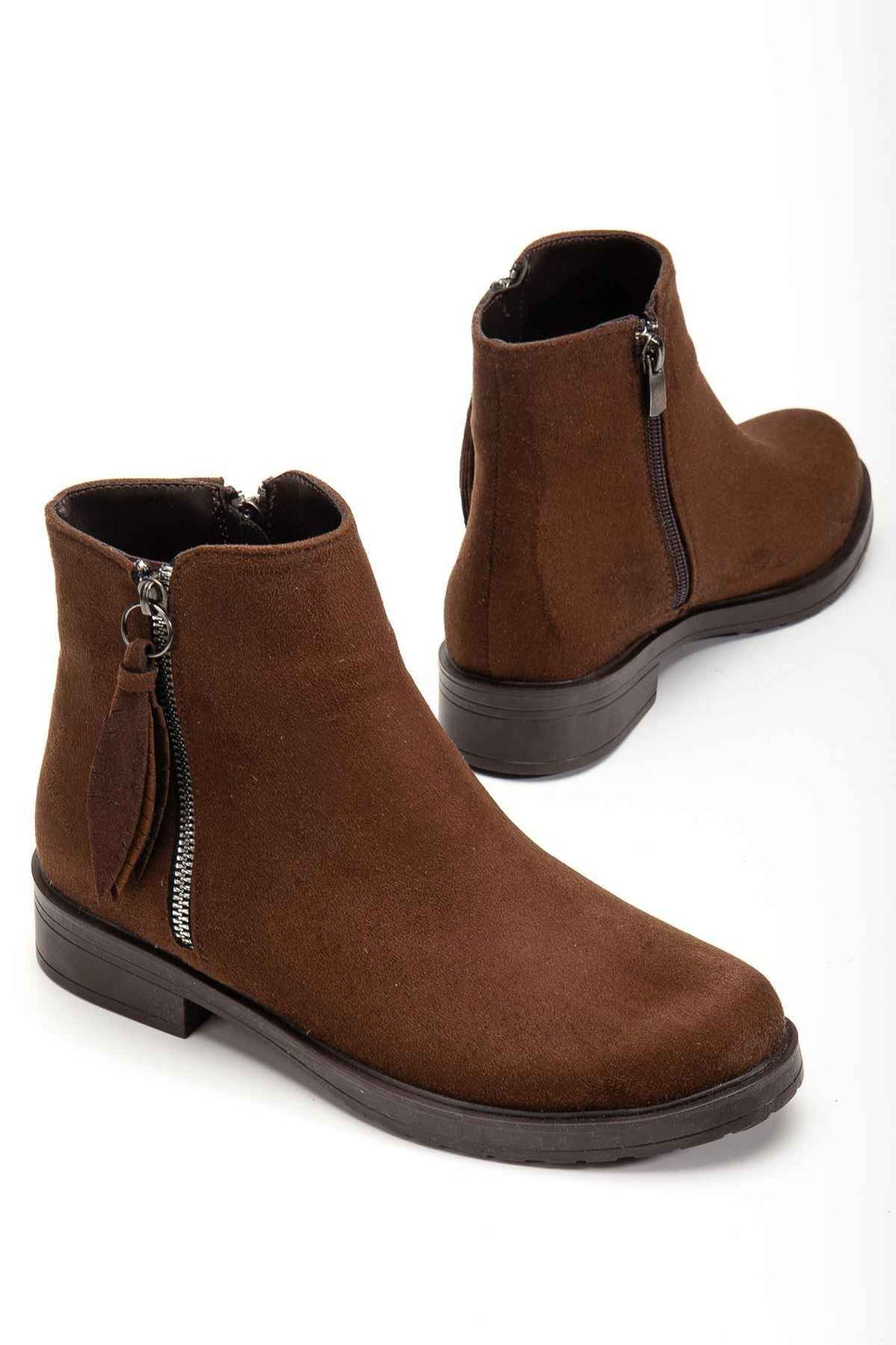 Ayakkabı Aşkı 165-205 Kahve Süet  Yaprak Desenli Fermuarlı Günlük Kadın Bot