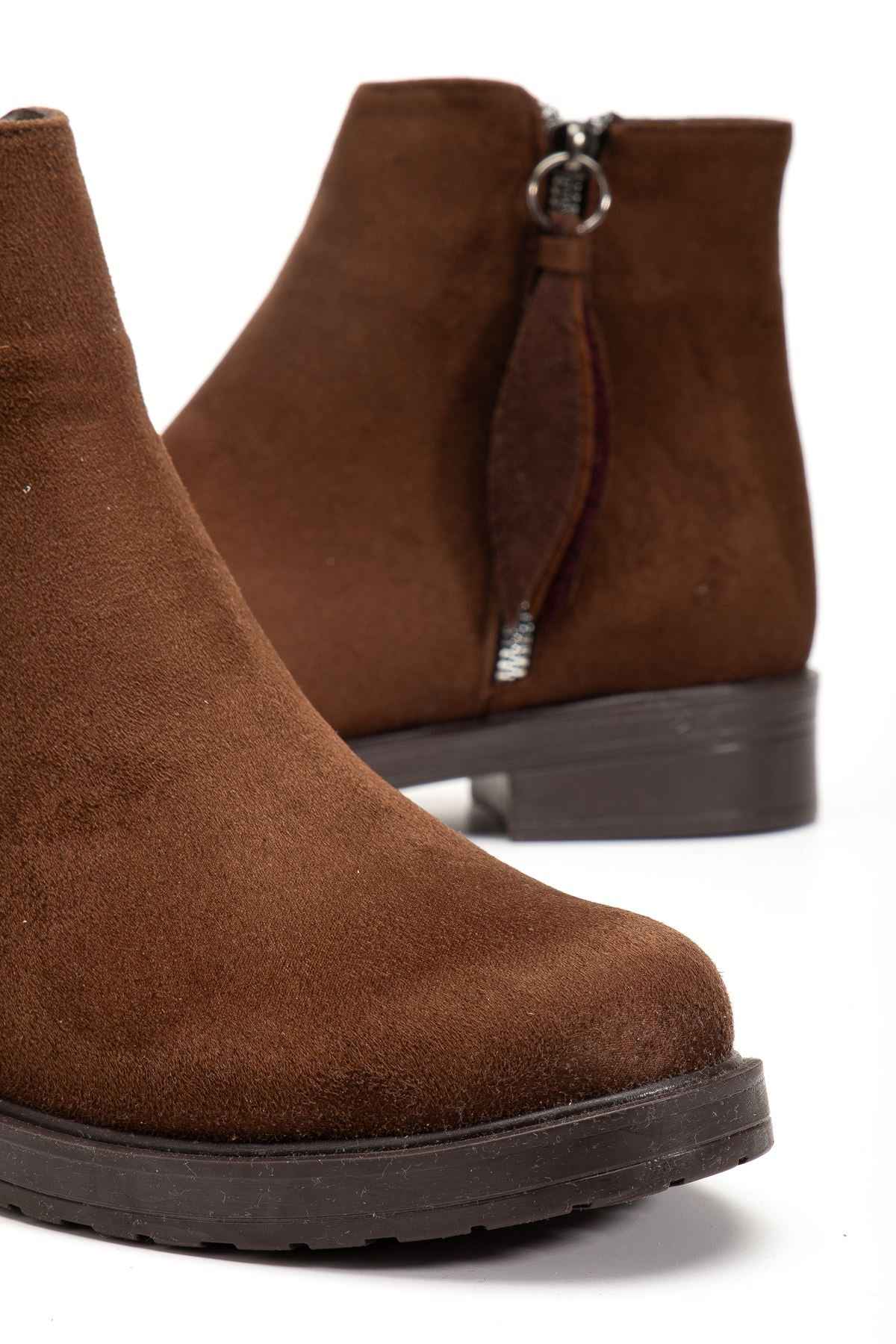 Ayakkabı Aşkı 165-205 Kahve Süet  Yaprak Desenli Fermuarlı Günlük Kadın Bot