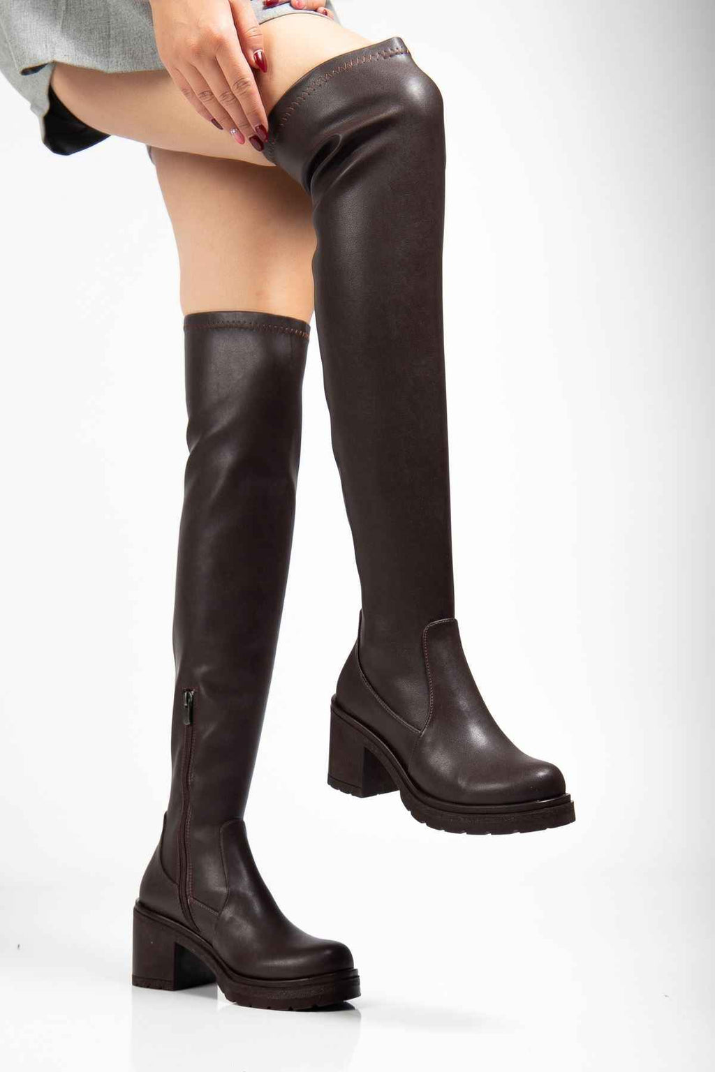 Ayakkabı Aşkı 767-3010 Kahve Streç Günlük Kalın Topuklu Kadın Çizme
