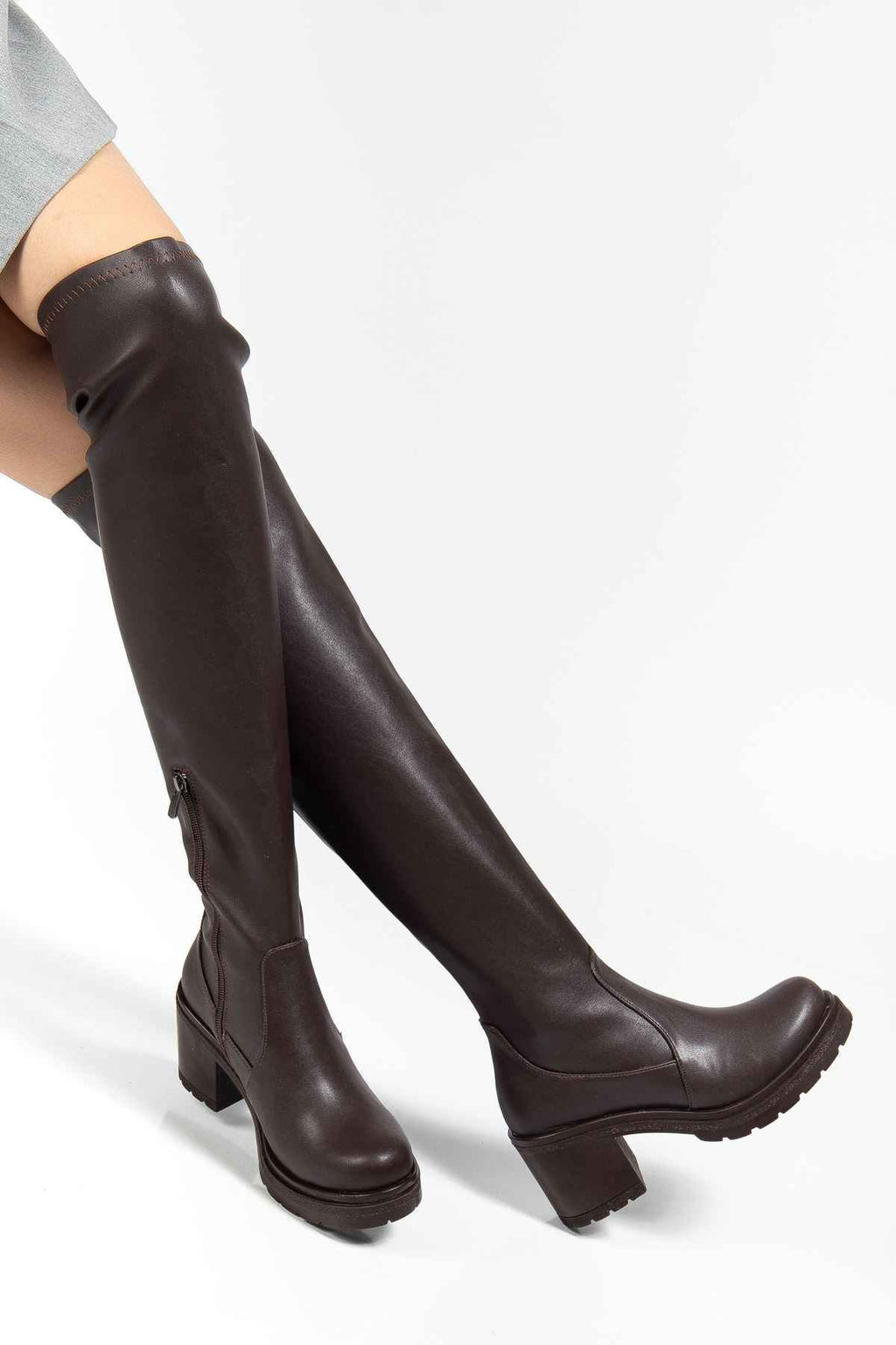 Ayakkabı Aşkı 767-3010 Kahve Streç Günlük Kalın Topuklu Kadın Çizme
