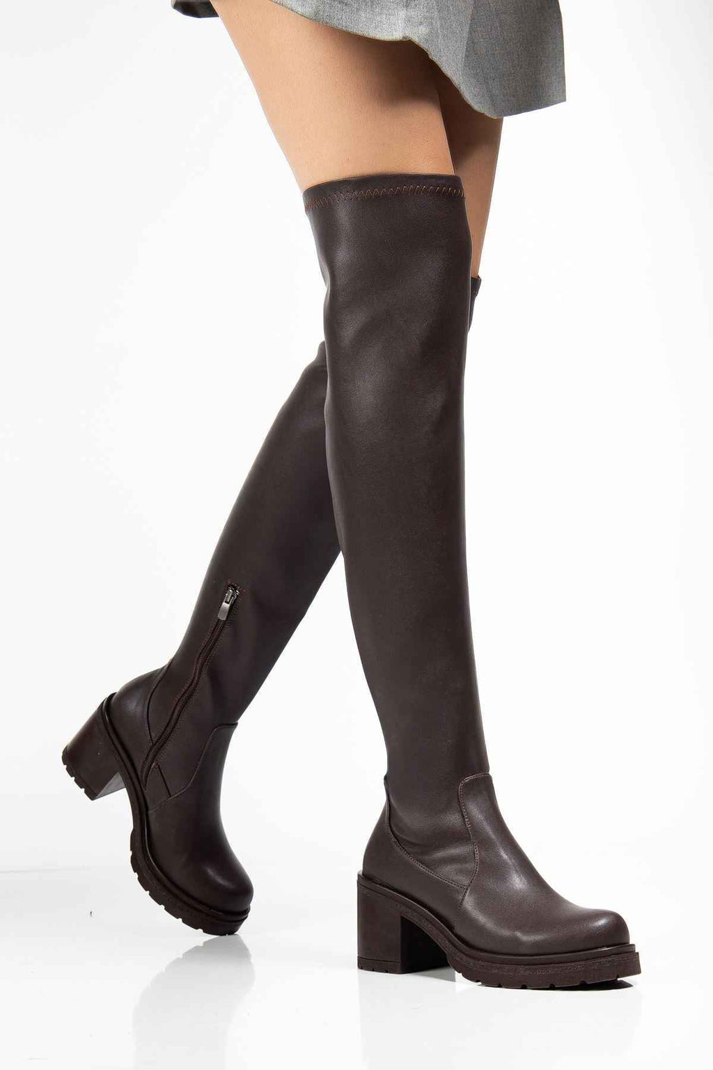 Ayakkabı Aşkı 767-3010 Kahve Streç Günlük Kalın Topuklu Kadın Çizme