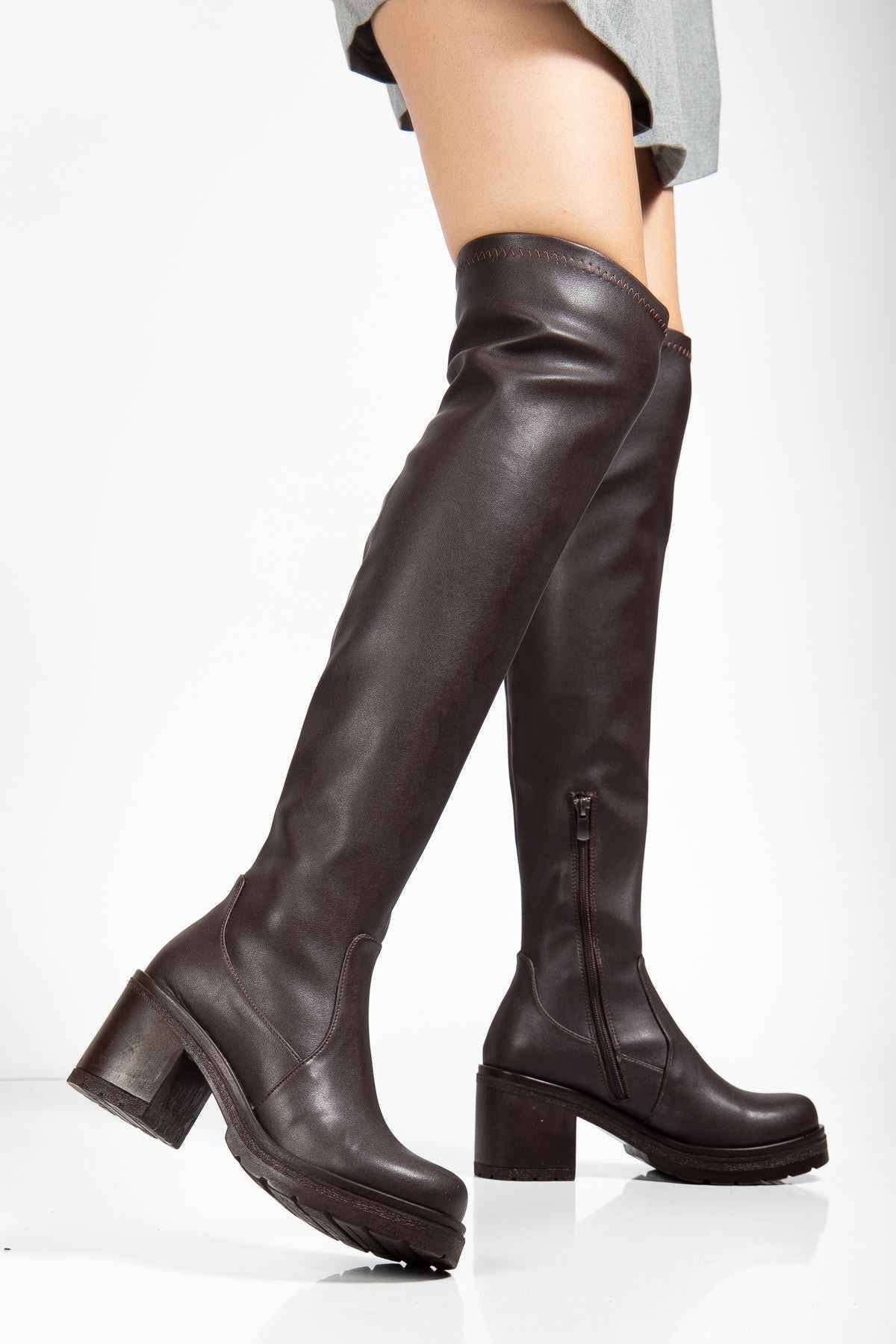 Ayakkabı Aşkı 767-3010 Kahve Streç Günlük Kalın Topuklu Kadın Çizme