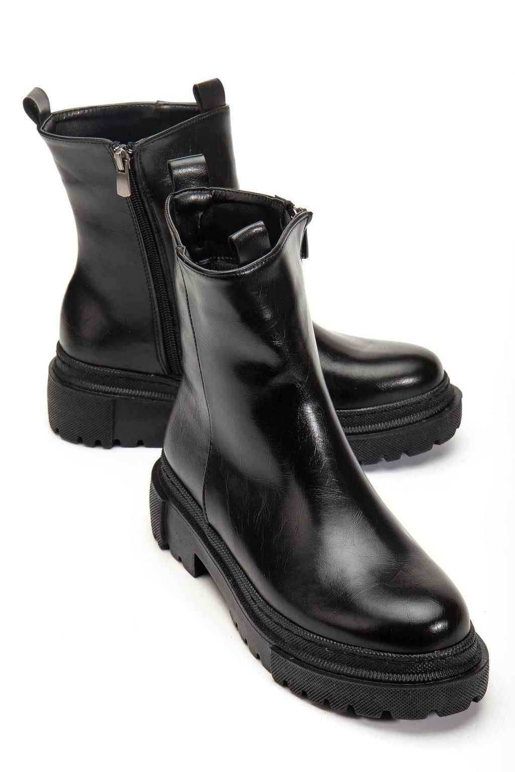 Ayakkabı Aşkı 812-2012 Siyah Kırışık Rugan Fermuarlı Günlük Kadın Bot