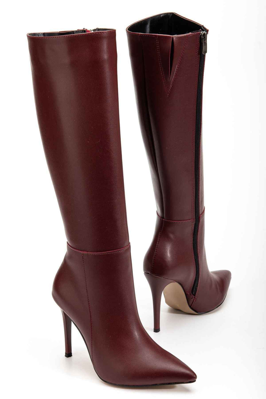 Ayakkabı Aşkı Ls-226 Bordo Cilt Fermuarlı Lastikli Ince Yüksek Topuklu Kadın Çizme