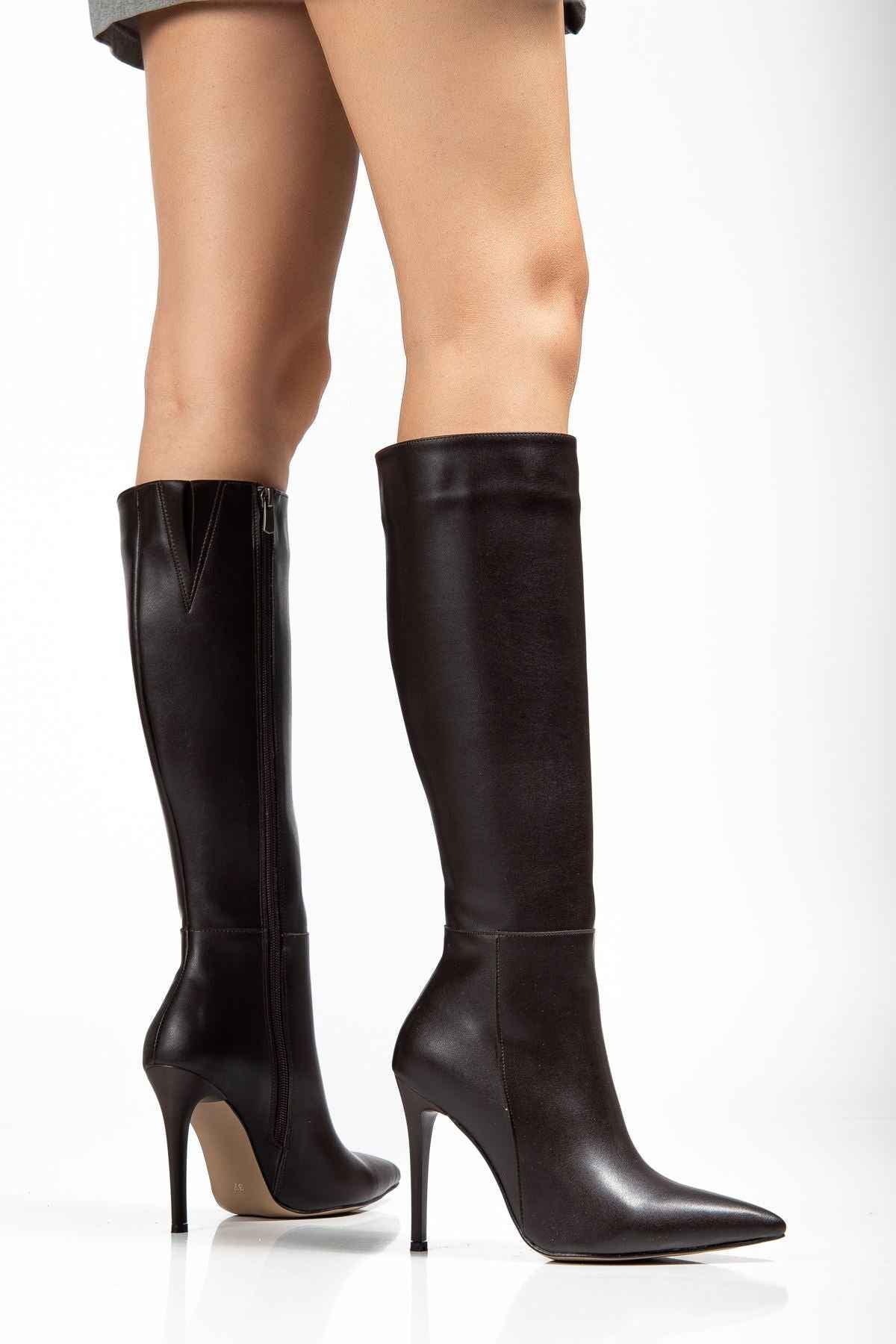 Ayakkabı Aşkı Ls-226 Kahve Cilt Fermuarlı Lastikli Ince Yüksek Topuklu Kadın Çizme