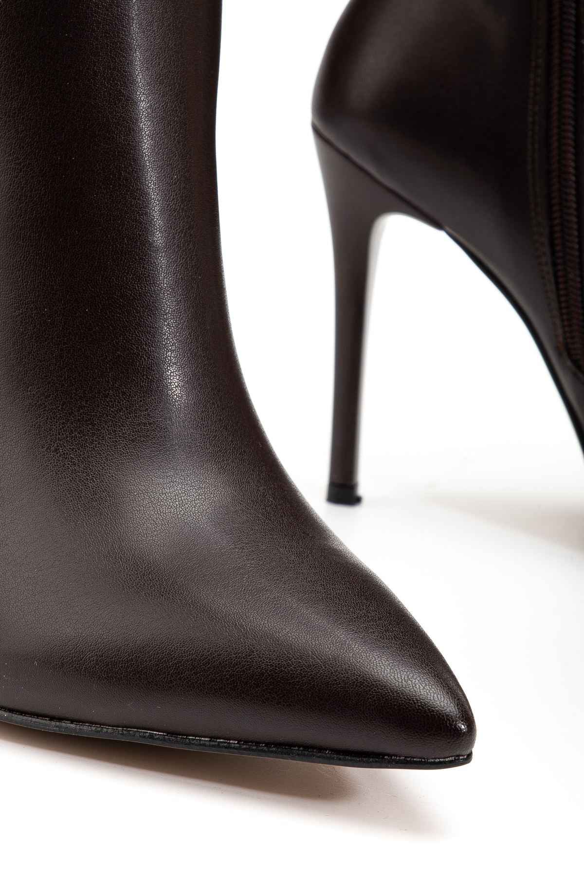 Ayakkabı Aşkı Ls-226 Kahve Cilt Fermuarlı Lastikli Ince Yüksek Topuklu Kadın Çizme