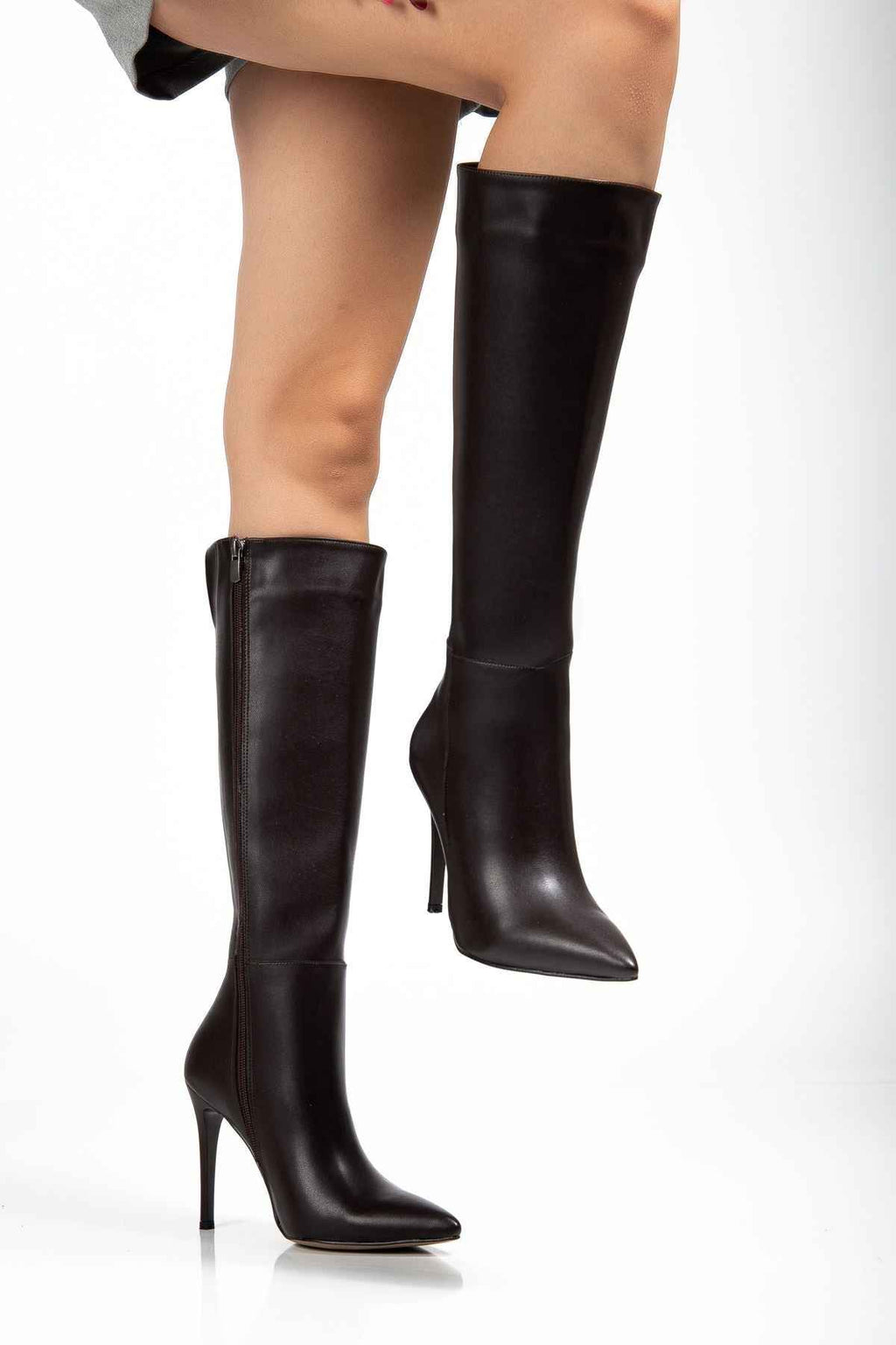 Ayakkabı Aşkı Ls-226 Kahve Cilt Fermuarlı Lastikli Ince Yüksek Topuklu Kadın Çizme