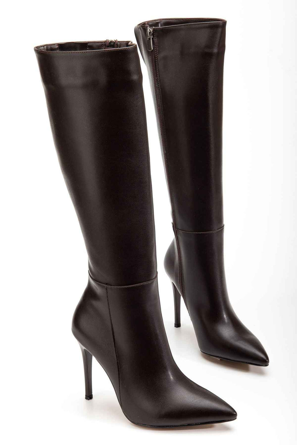 Ayakkabı Aşkı Ls-226 Kahve Cilt Fermuarlı Lastikli Ince Yüksek Topuklu Kadın Çizme