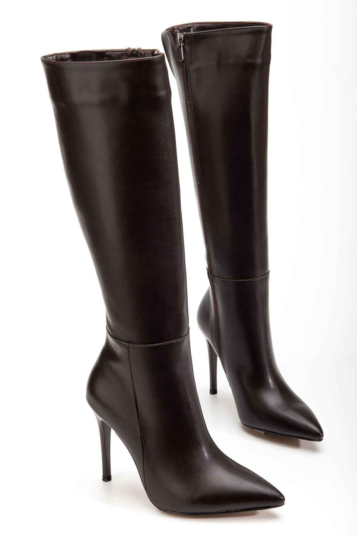 Ayakkabı Aşkı Ls-226 Kahve Cilt Fermuarlı Lastikli Ince Yüksek Topuklu Kadın Çizme