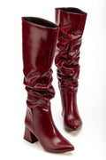 Ayakkabı Aşkı Syt-2002 Bordo Kırışık Rugan Körüklü Kalın Topuklu Günlük Bayan Çizme