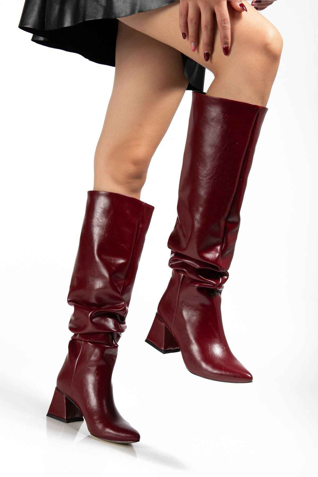 Ayakkabı Aşkı Syt-2002 Bordo Kırışık Rugan Körüklü Kalın Topuklu Günlük Bayan Çizme