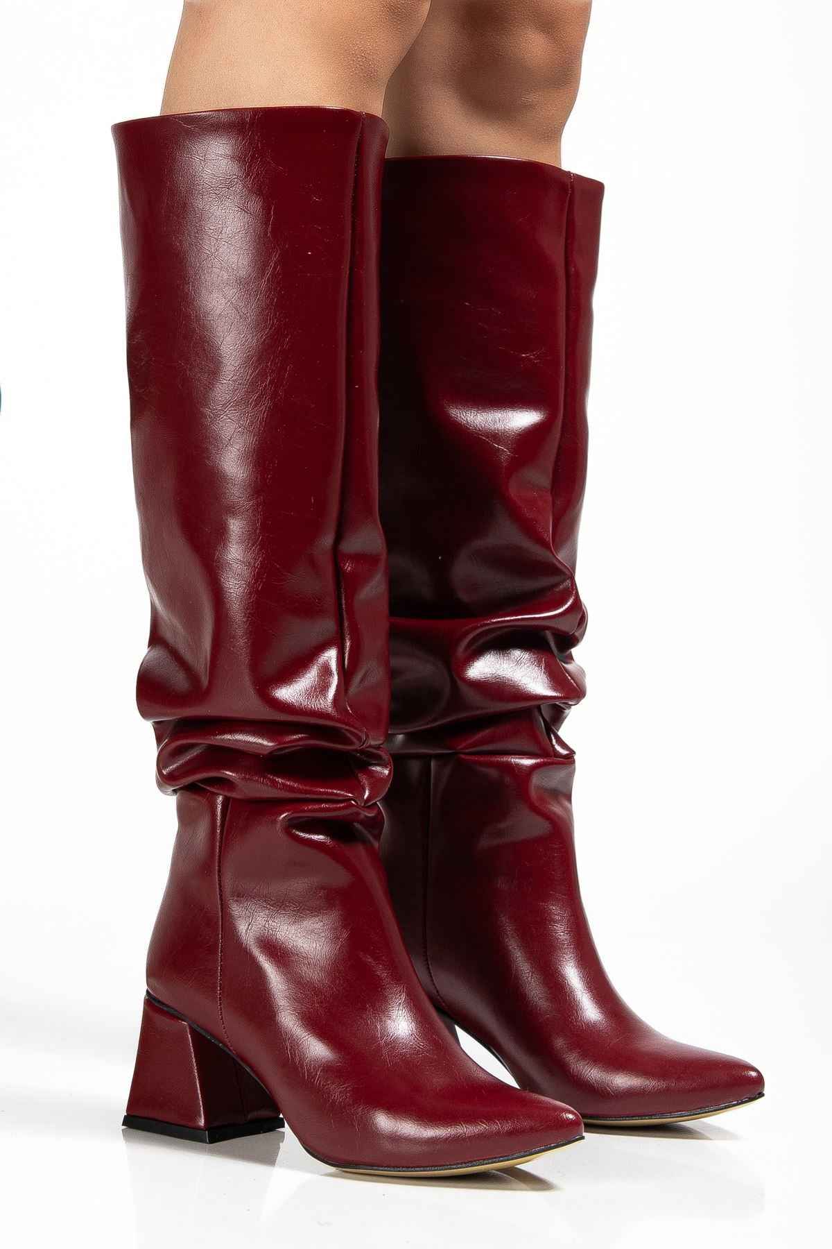 Ayakkabı Aşkı Syt-2002 Bordo Kırışık Rugan Körüklü Kalın Topuklu Günlük Bayan Çizme