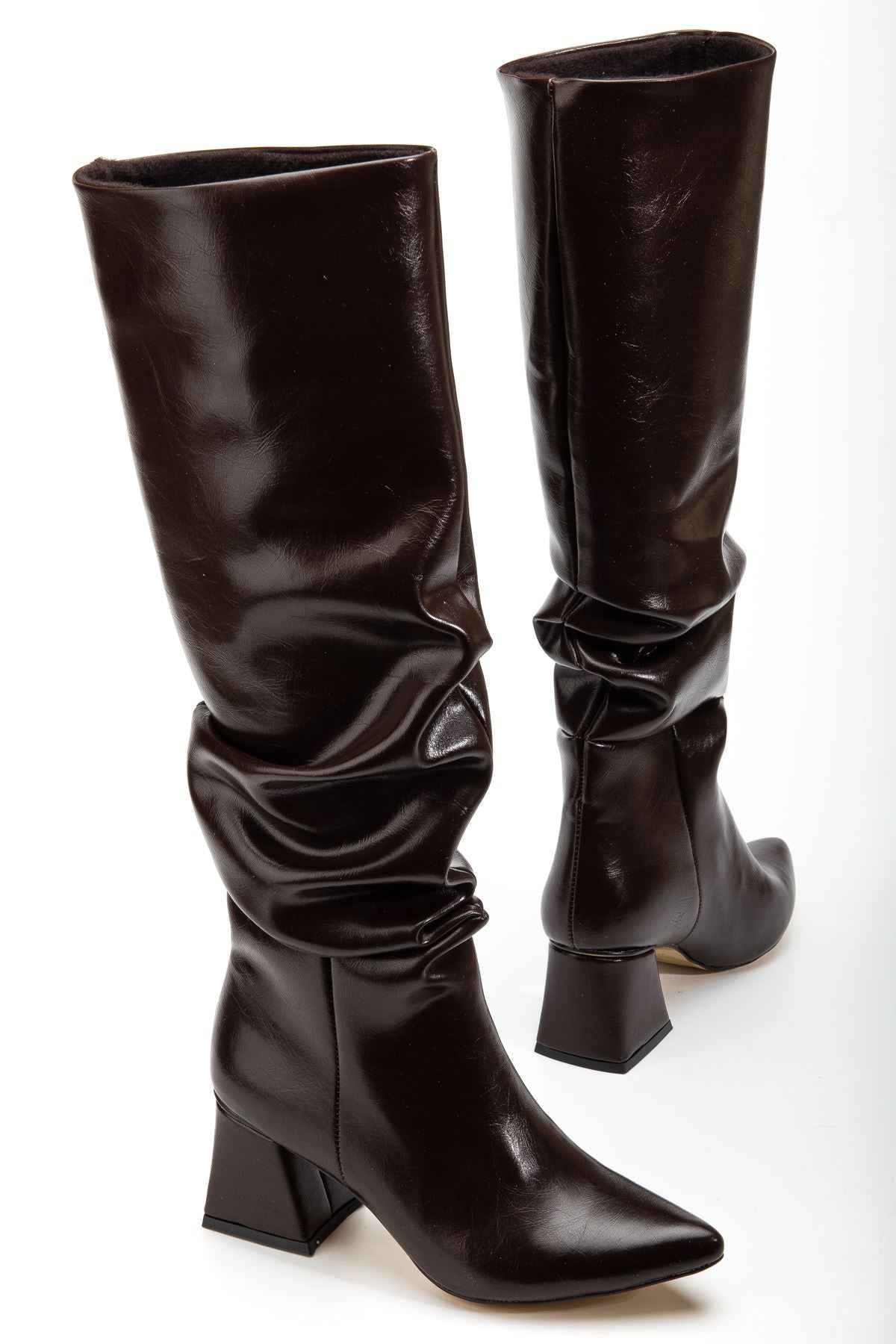 Ayakkabı Aşkı Syt-2002 Kahve Kırışık Rugan Körüklü Kalın Topuklu Günlük Bayan Çizme