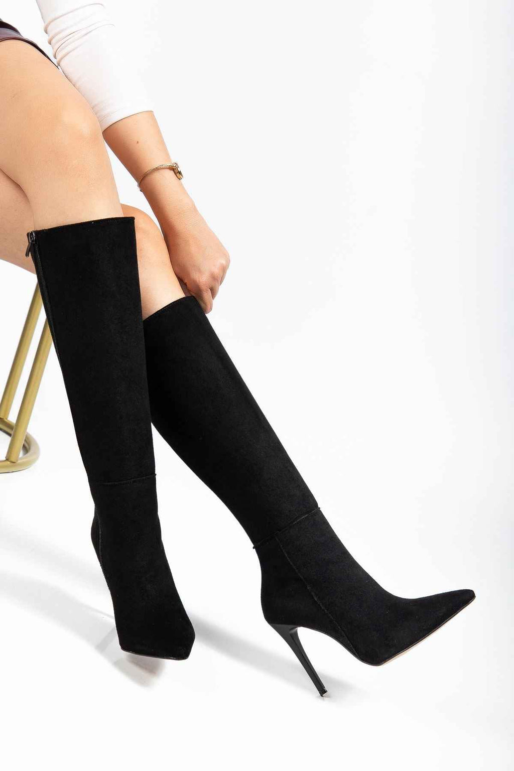 Ayakkabı Aşkı Ls-226 Siyah Süet Fermuarlı Lastikli Ince Yüksek Topuklu Kadın Çizme
