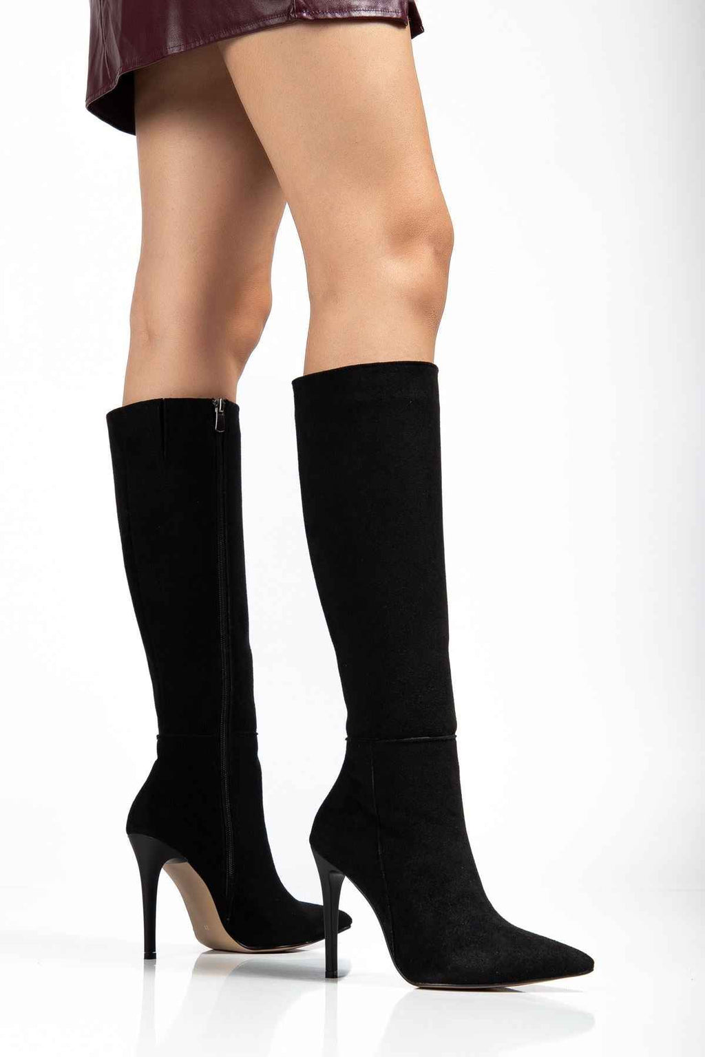 Ayakkabı Aşkı Ls-226 Siyah Süet Fermuarlı Lastikli Ince Yüksek Topuklu Kadın Çizme
