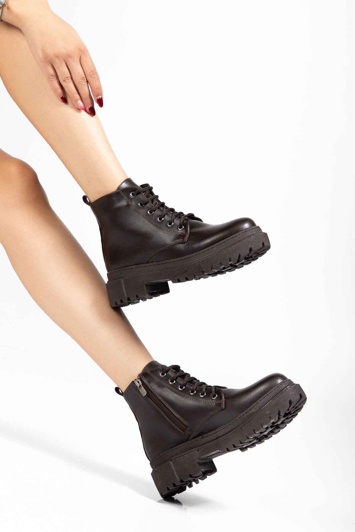 Ayakkabı Aşkı 812-296 Kahve Bağcıklı Fermuarlı Günlük Kadın Bot