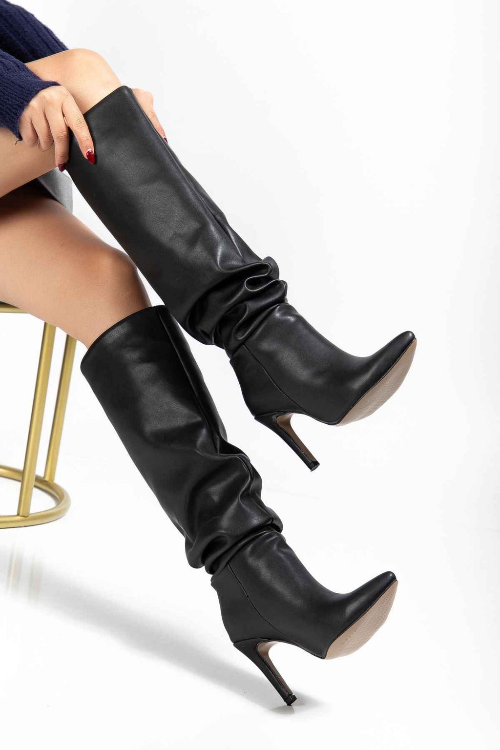 Ayakkabı Aşkı Syt-2003  Siyah Körüklü Ince Topuklu Günlük Bayan Çizme
