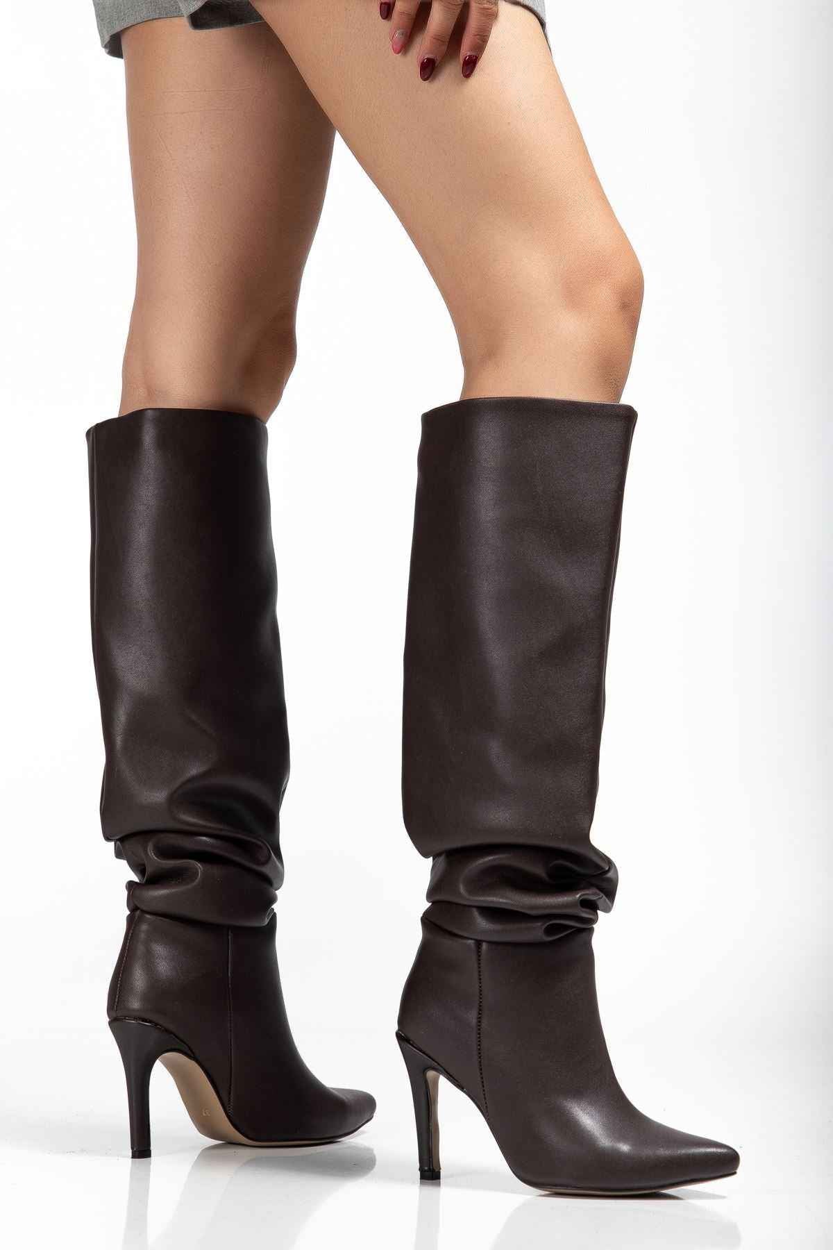 Ayakkabı Aşkı Syt-2003 Kahve Körüklü Ince Topuklu Günlük Bayan Çizme